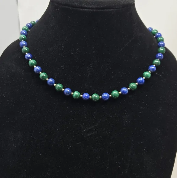 Vintage Lapis Lazuli Round Beaded Womens Necklace Gold Coated Silver Clasp - Picture 7 of 9